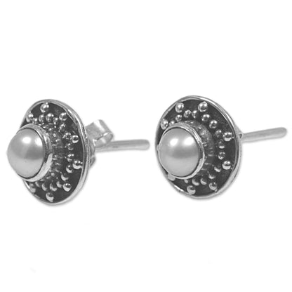 Glowing White Happiness Hand Made Cultured Pearl Stud Earrings from Indonesia