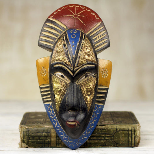 Painted Red and Blue Hand Carved Ghanaian Wood Wall Mask, 'Opeyemi'