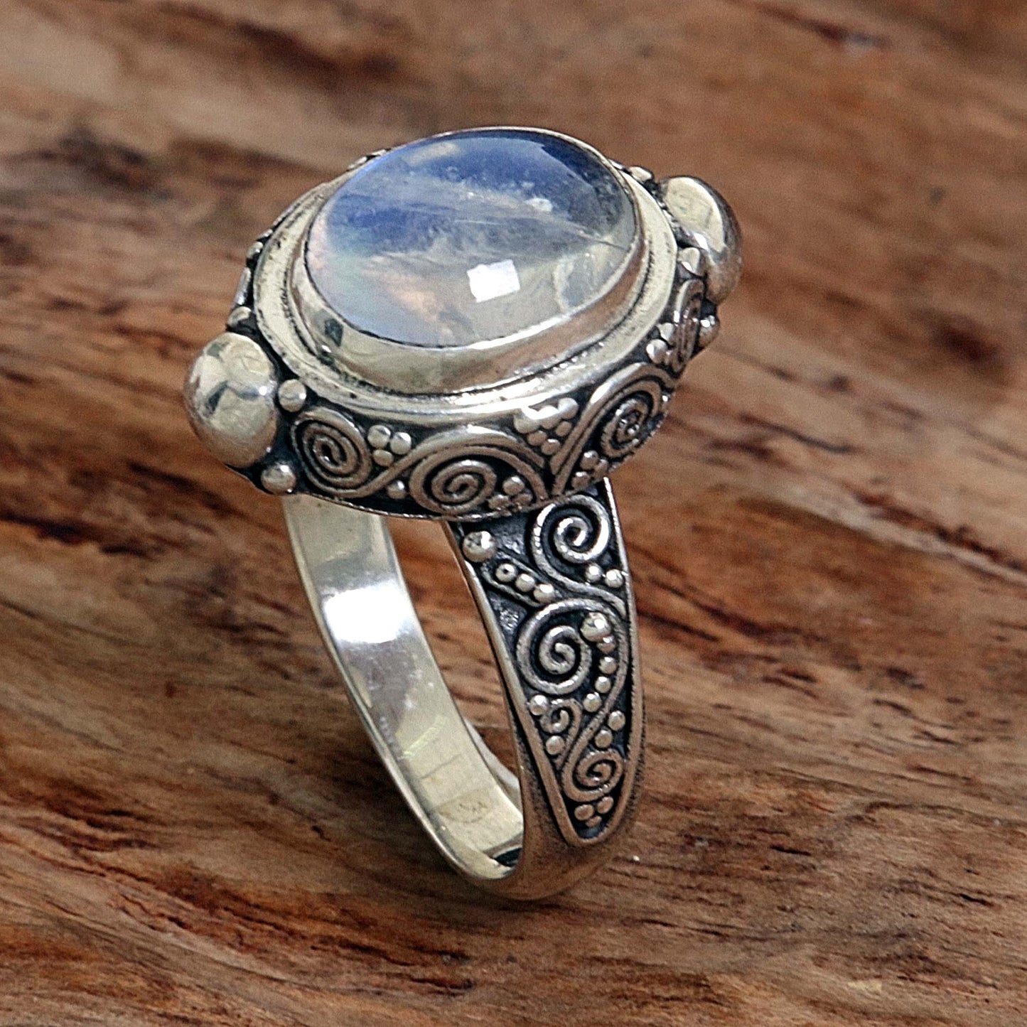 Magic Portal Sterling Silver Rainbow Moonstone Cocktail Ring Indonesia