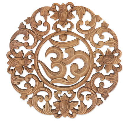 Flower Om Hand Made Wood Wall Relief Panel of Floral Om from Indonesia