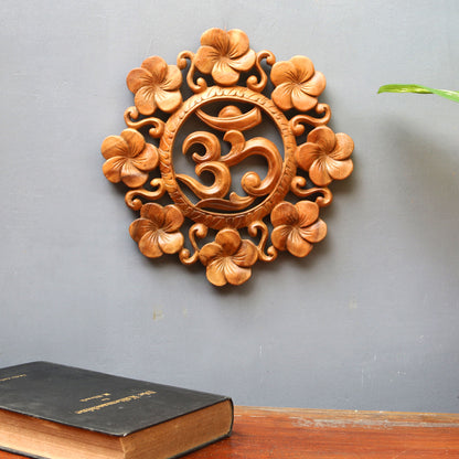 Blooming Om Suar Wood Wall Relief Panel Floral Om from Indonesia