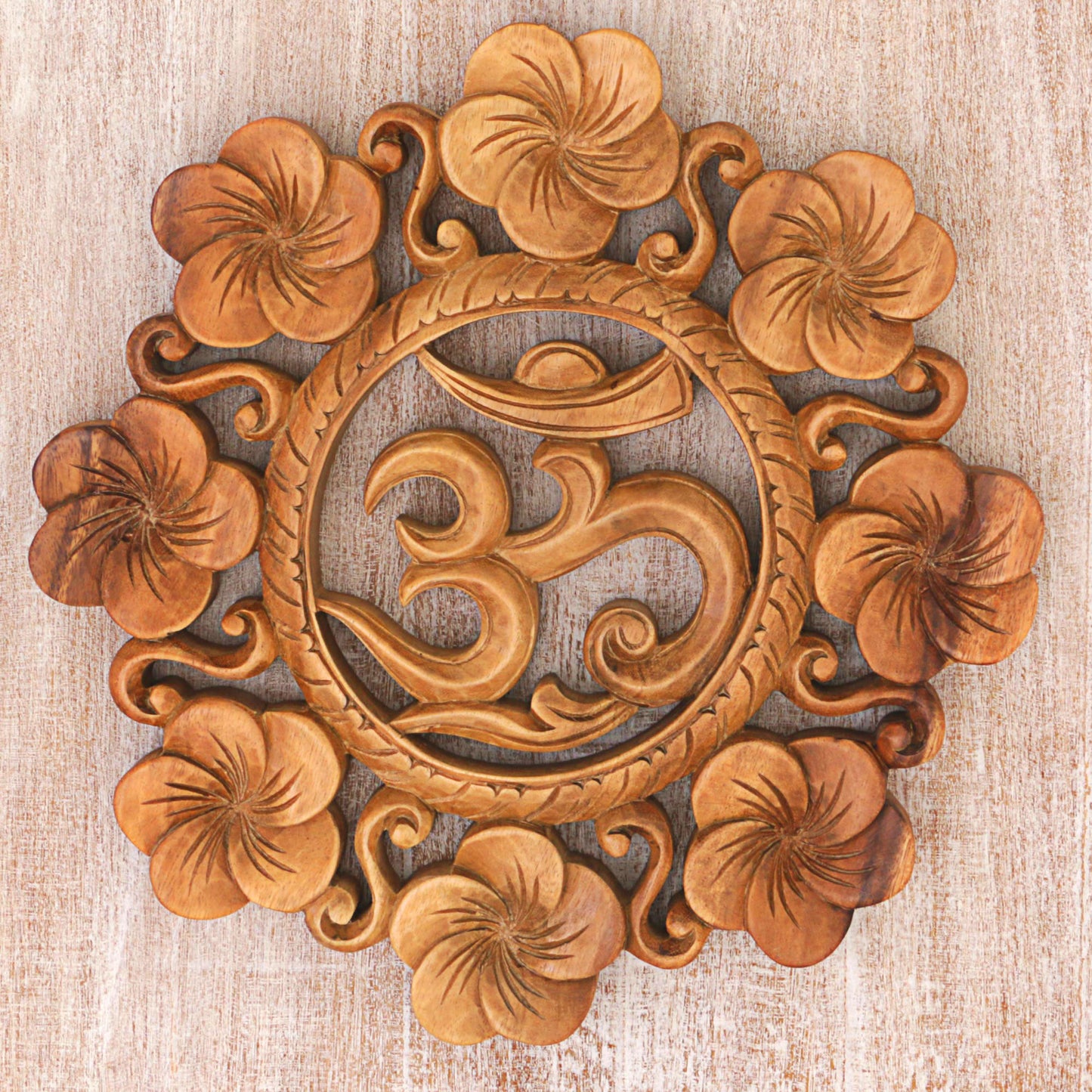 Blooming Om Suar Wood Wall Relief Panel Floral Om from Indonesia