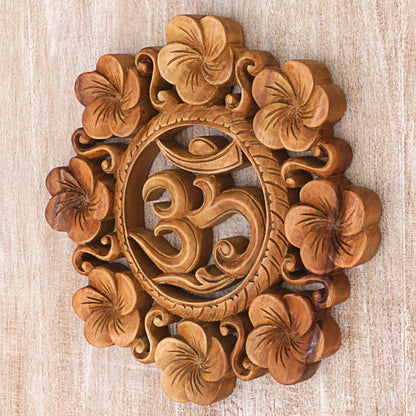 Blooming Om Suar Wood Wall Relief Panel Floral Om from Indonesia