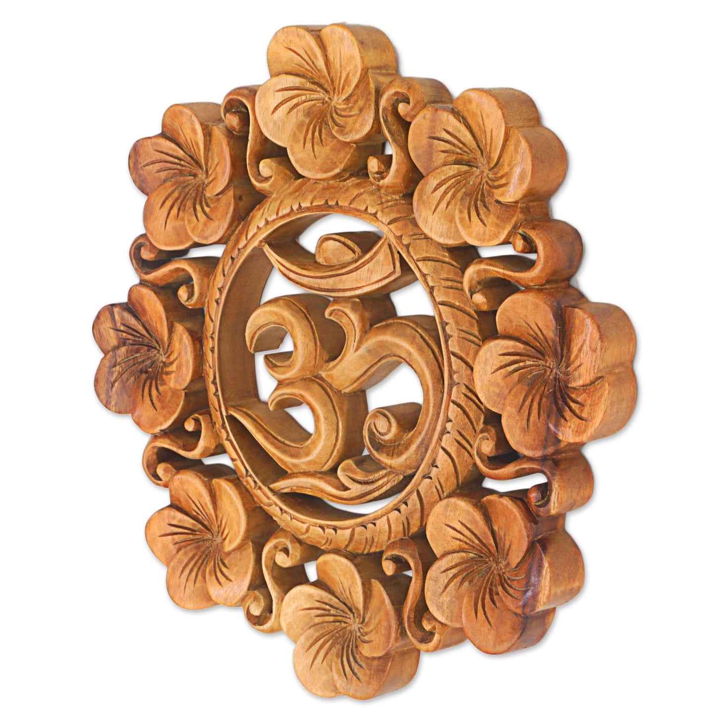 Blooming Om Suar Wood Wall Relief Panel Floral Om from Indonesia