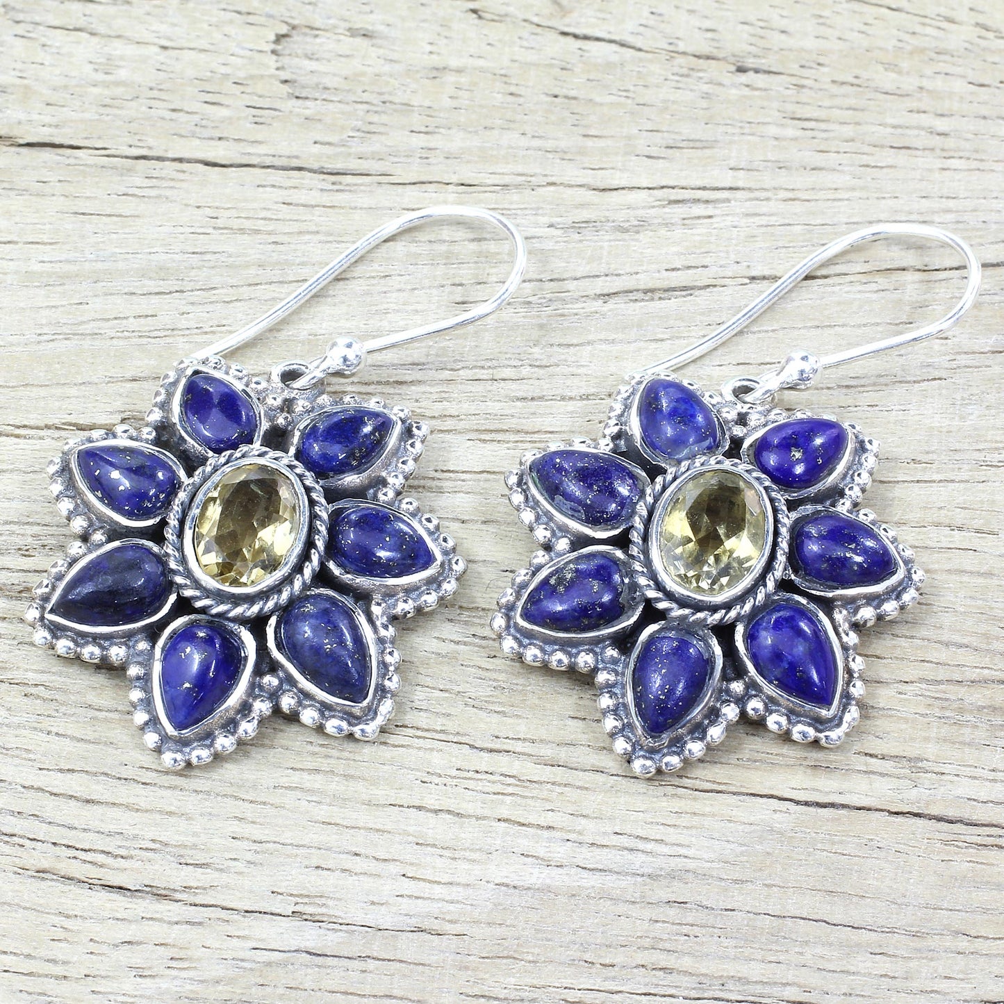 Geranium Blossoms Lapis Lazuli Citrine Floral Dangle Earrings from India