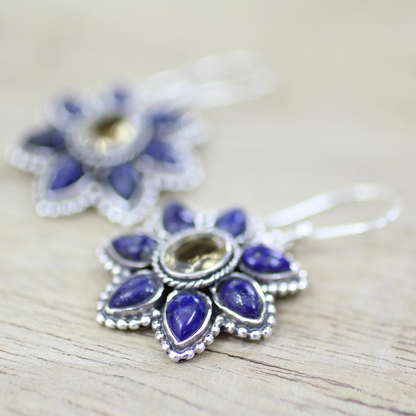 Geranium Blossoms Lapis Lazuli Citrine Floral Dangle Earrings from India