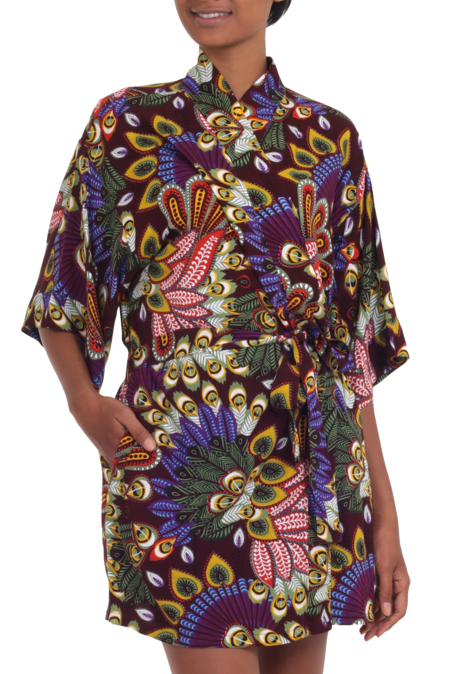 Jungle Groove Multicolored Floral Rayon Robe in Rosewood from Indonesia