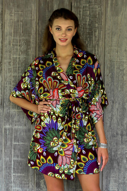 Jungle Groove Multicolored Floral Rayon Robe in Rosewood from Indonesia