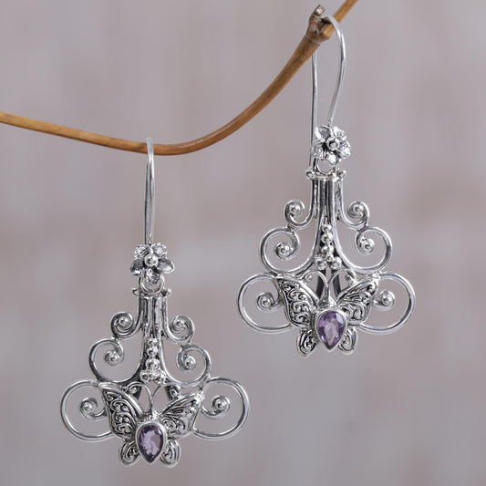 Resting Butterfly Amethyst Sterling Silver Butterfly Dangle Earrings Indonesia