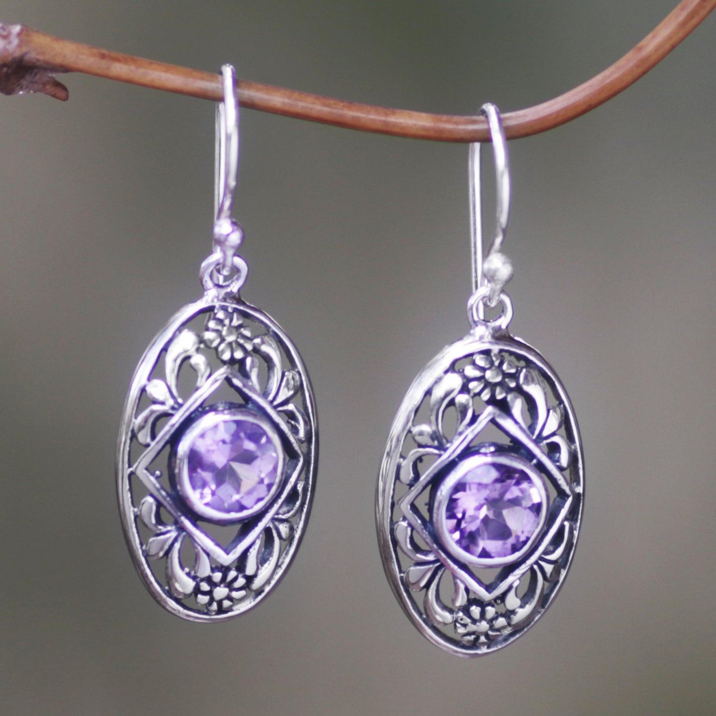 Sunset Eye Flower Amethyst Sterling Silver Dangle Earrings Indonesia