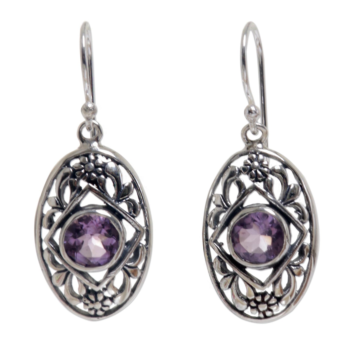Sunset Eye Flower Amethyst Sterling Silver Dangle Earrings Indonesia