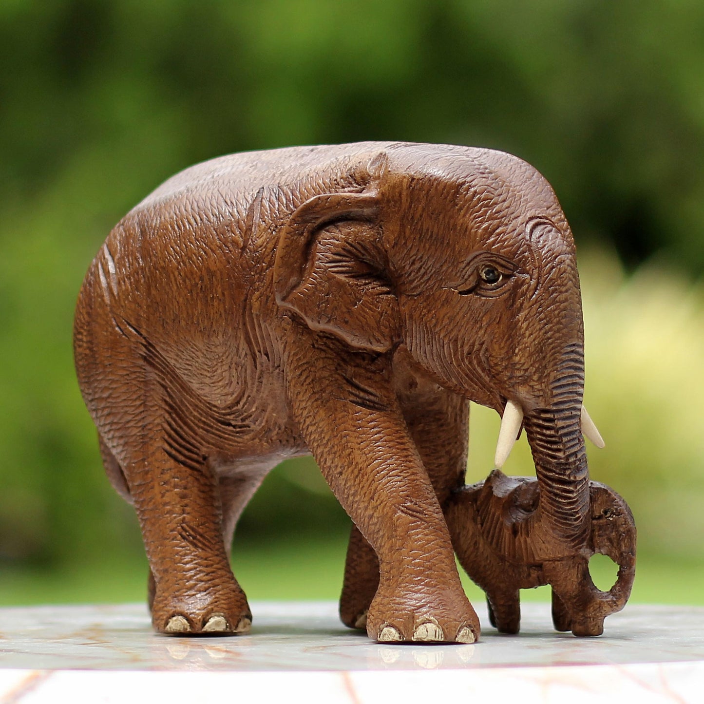 Love and Care in Brown Brown Teak Wood Sculpture of Mother and Child Thai Elephants