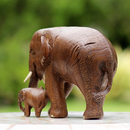 Love and Care in Brown Brown Teak Wood Sculpture of Mother and Child Thai Elephants