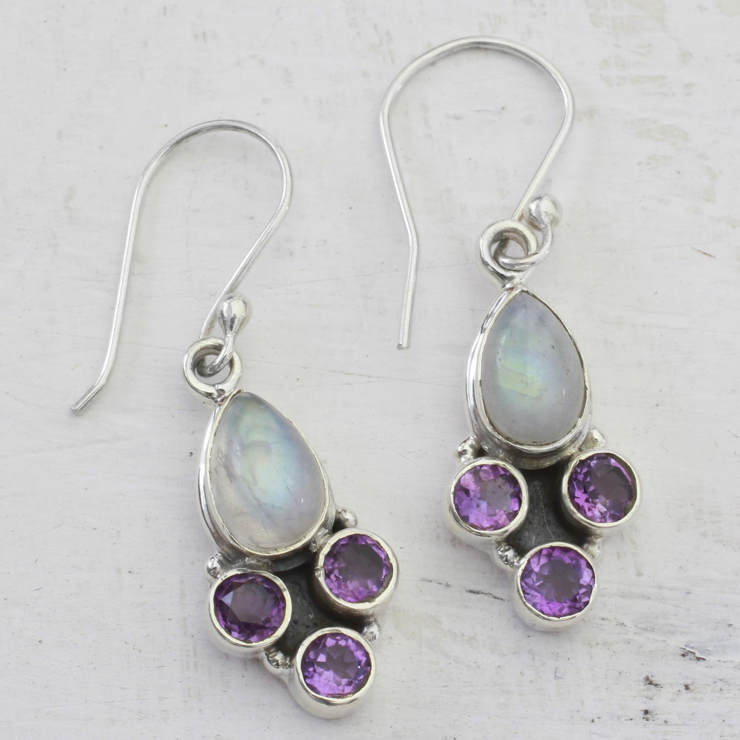 Enthralling Sky in Purple Rainbow Moonstone and Amethyst Dangle Earrings from India