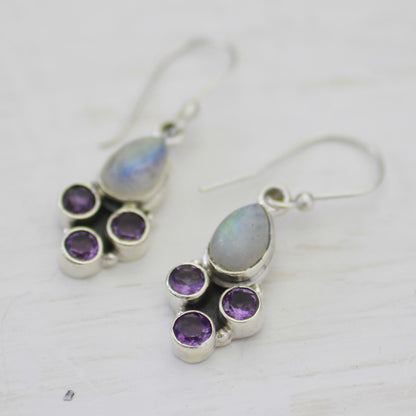 Enthralling Sky in Purple Rainbow Moonstone and Amethyst Dangle Earrings from India