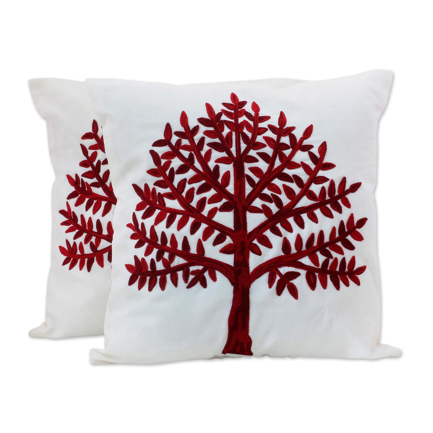 Chinar Tree Embroidered Cotton Cushion Covers Red Tree (Pair) India