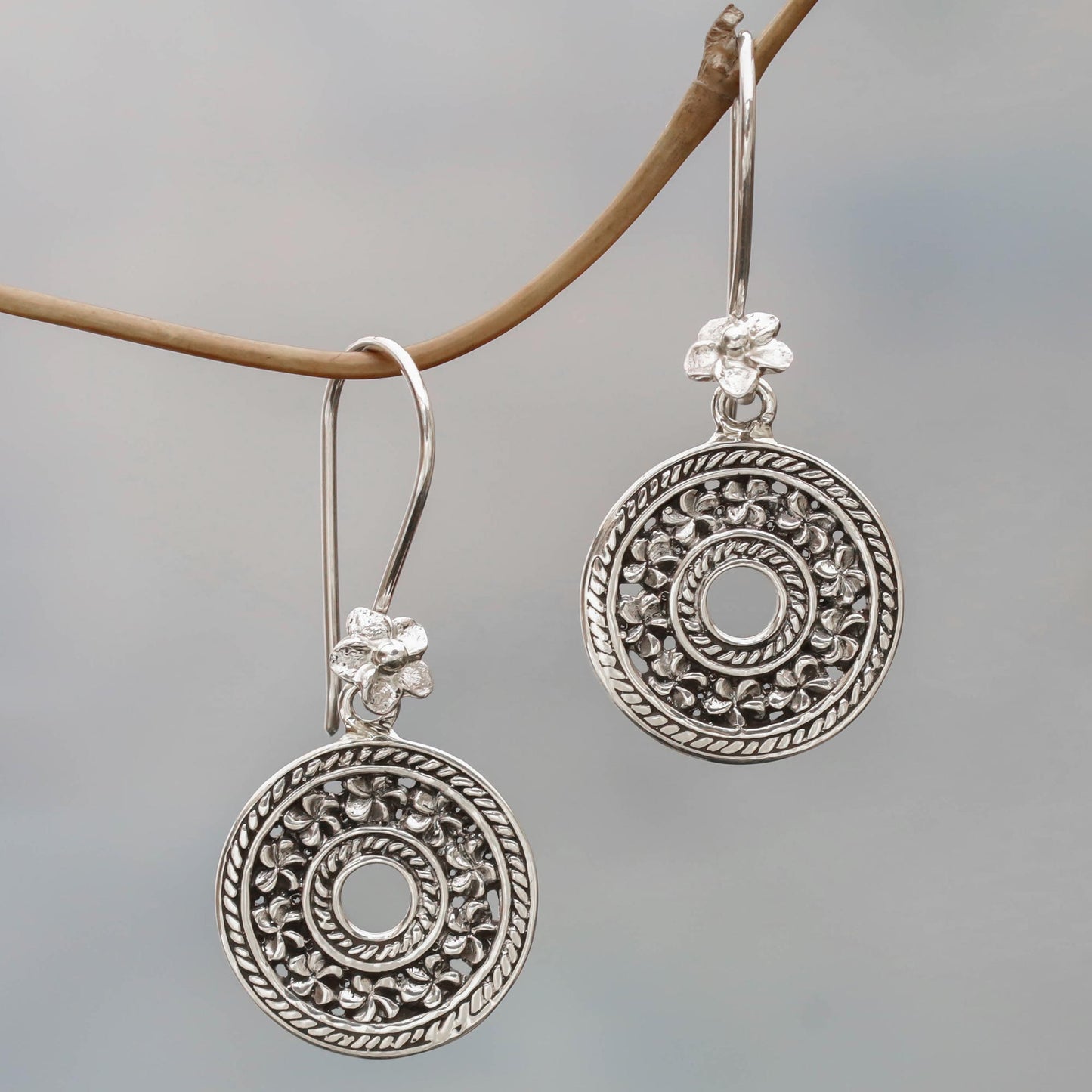 Jepun Coins Hand Made Sterling Silver Dangle Earrings Floral Indonesia