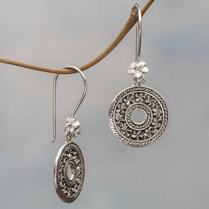 Jepun Coins Hand Made Sterling Silver Dangle Earrings Floral Indonesia