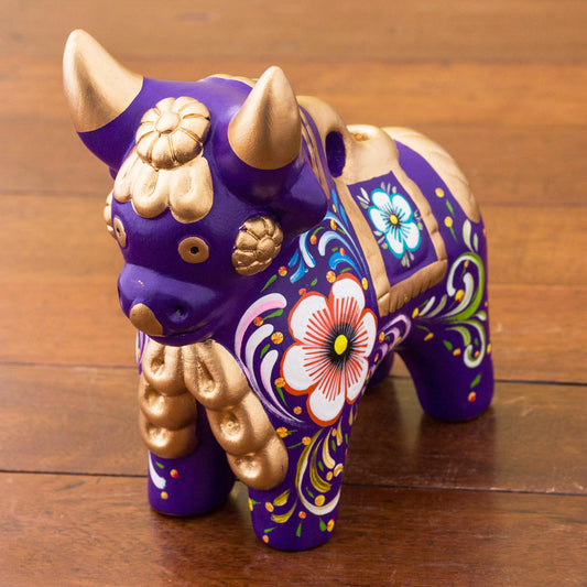Purple Pucara Bull Purple Floral Painted Ceramic Bull Sculpture from Peru