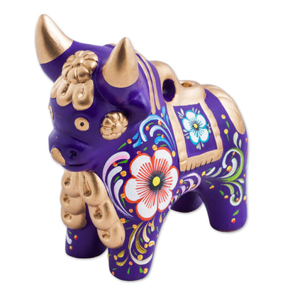 Purple Pucara Bull Purple Floral Painted Ceramic Bull Sculpture from Peru