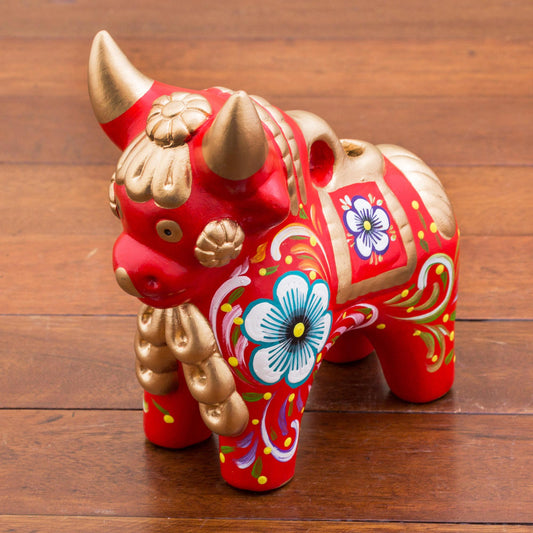 Red Pucara Bull Red Painted Ceramic Bull Folk Art Sculpture