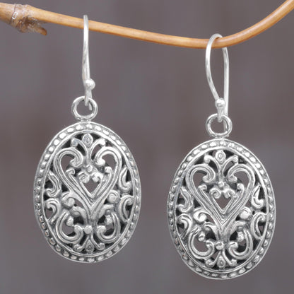 Fern Shield Round Sterling Silver Dangle Earrings from Indonesia