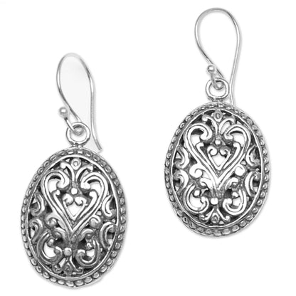 Fern Shield Round Sterling Silver Dangle Earrings from Indonesia