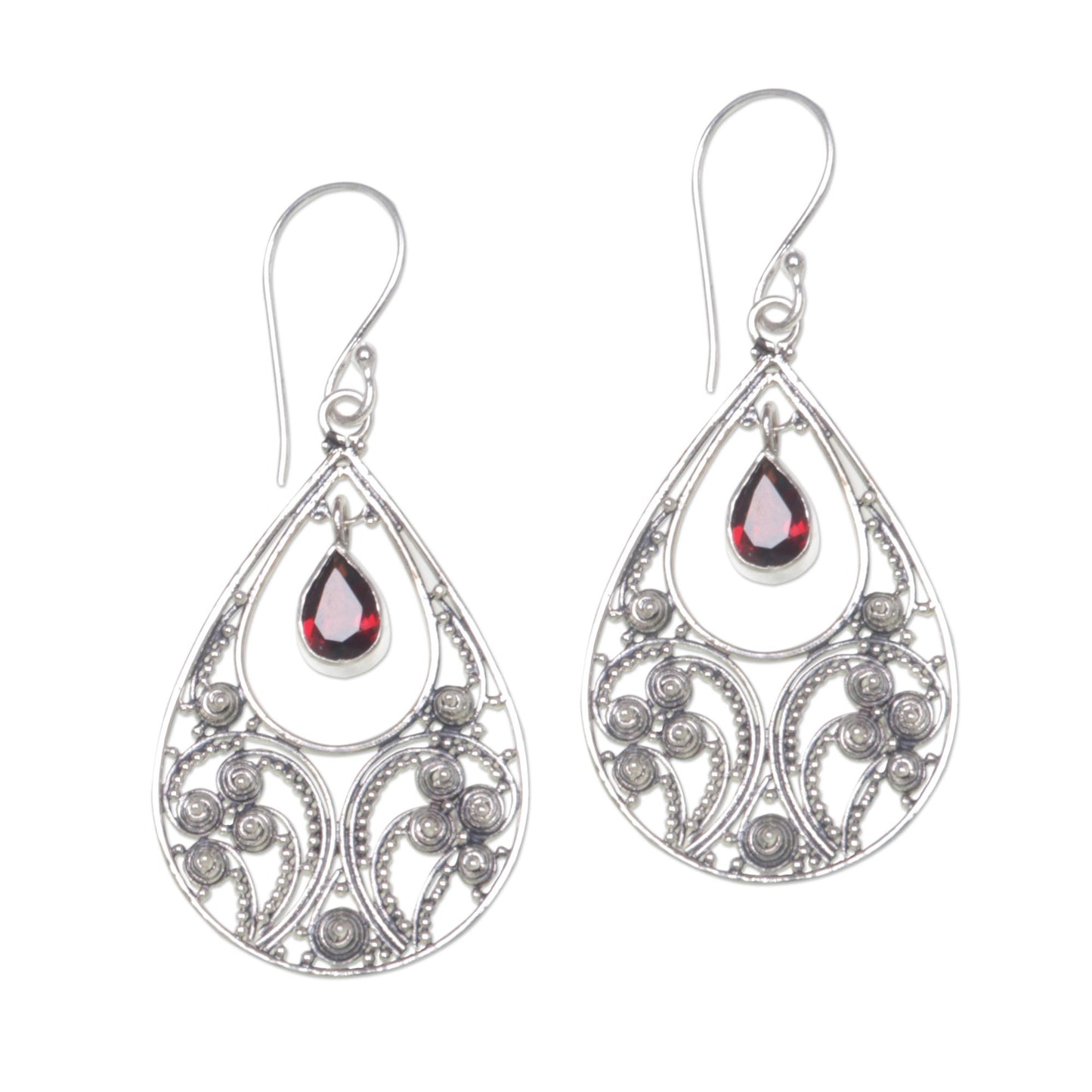 Bali Crest Garnet & Silver Dangle Earrings