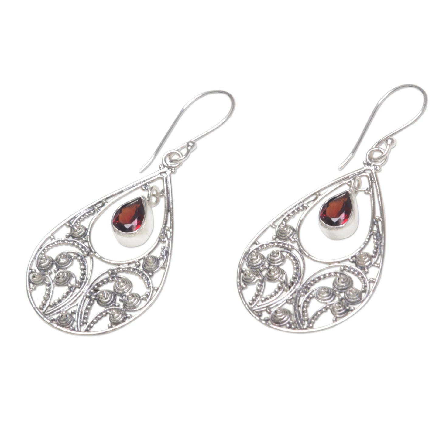 Bali Crest Garnet & Silver Dangle Earrings