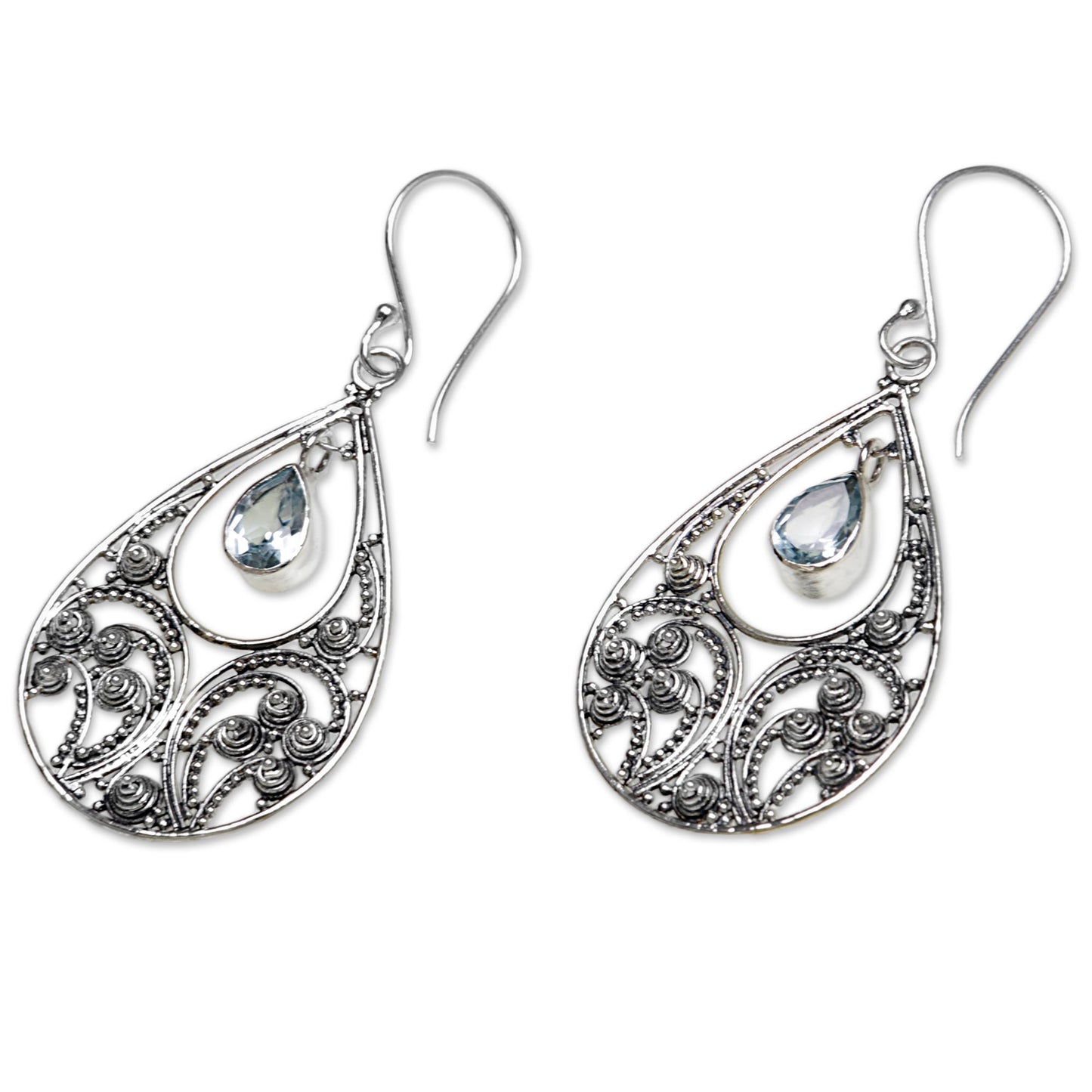 Bali Crest Sterling Silver and Blue Topaz Dangle Earrings