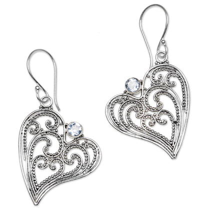 Budding Heart Blue Topaz and Sterling Silver Heart Shaped Dangle Earrings