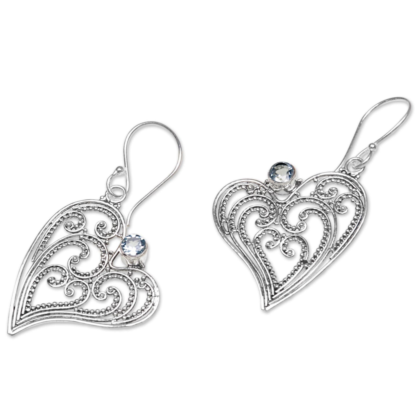 Budding Heart Blue Topaz and Sterling Silver Heart Shaped Dangle Earrings