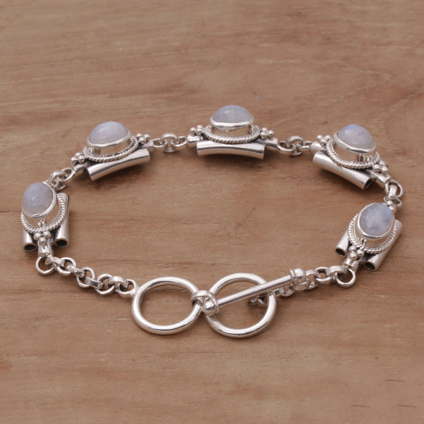 Misty Domes Silver & Rainbow Moonstone Bracelet