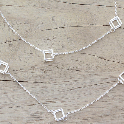 Silver Cubism Long Sterling Silver Cube Station Necklace from India