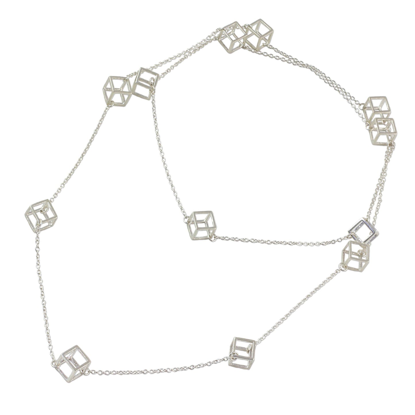 Silver Cubism Long Sterling Silver Cube Station Necklace from India