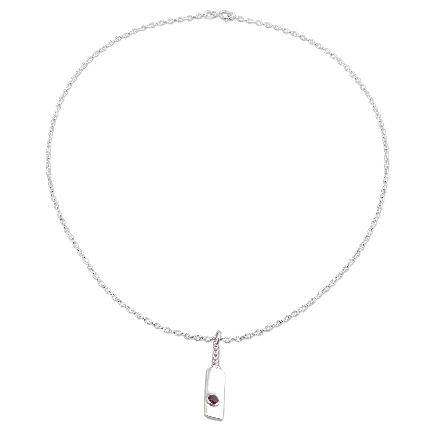 Cricket Bat Sterling Silver and Garnet Pendant Necklace from India