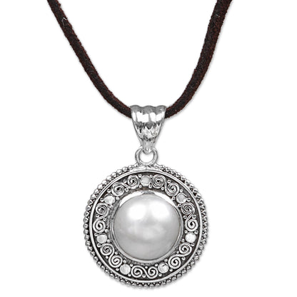 White Orb Silver Pearl Leather Necklace