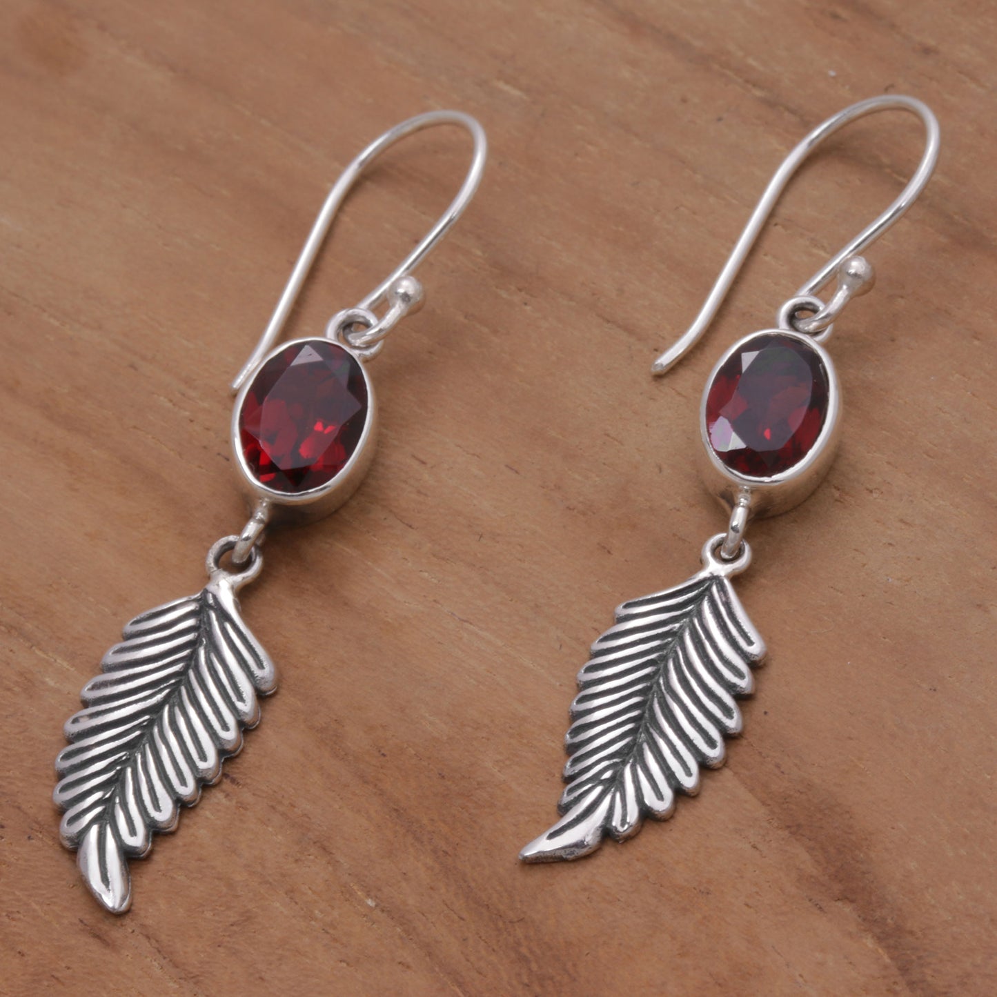 Passionate Hope Balinese 925 Sterling Silver Feather Earrings with Garnet