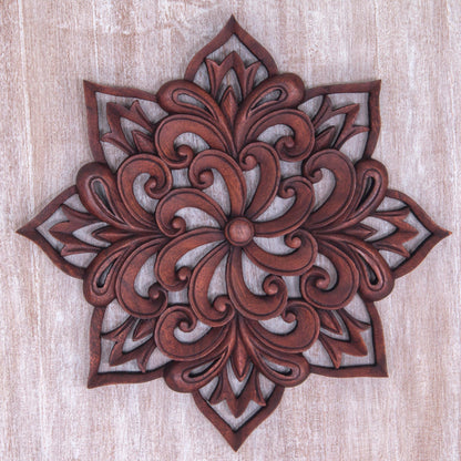 Balinese Spiral Flower Hand Carved Floral Wood Wall Relief from Indonesia