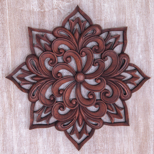 Balinese Spiral Flower Hand Carved Floral Wood Wall Relief from Indonesia