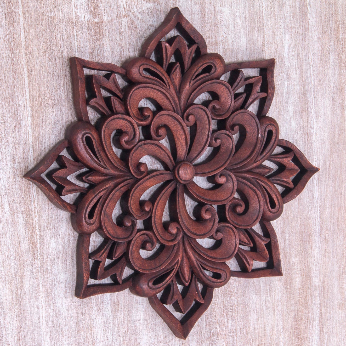Balinese Spiral Flower Hand Carved Floral Wood Wall Relief from Indonesia