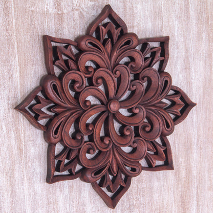 Balinese Spiral Flower Hand Carved Floral Wood Wall Relief from Indonesia
