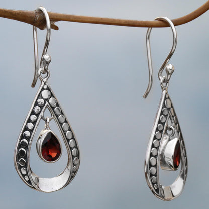 Charming Tears in Red Sterling Silver and Garnet Dangle Earrings from Indonesia