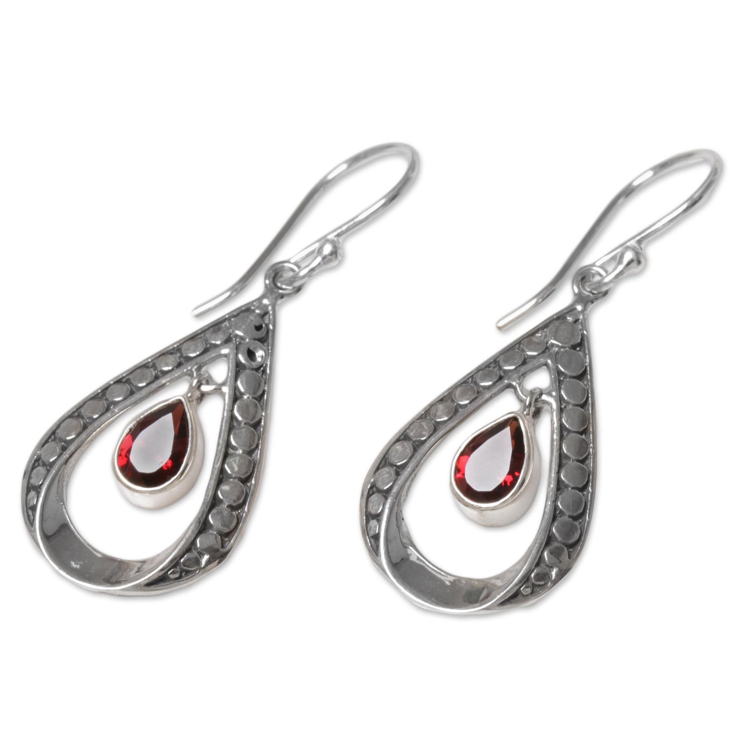 Charming Tears in Red Sterling Silver and Garnet Dangle Earrings from Indonesia