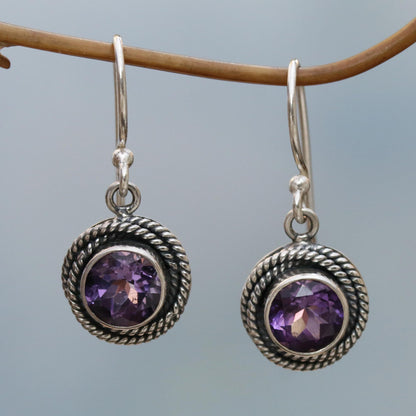 Nest of Chains in Purple Sterling Silver and Amethyst Round Dangle Earrings Indonesia