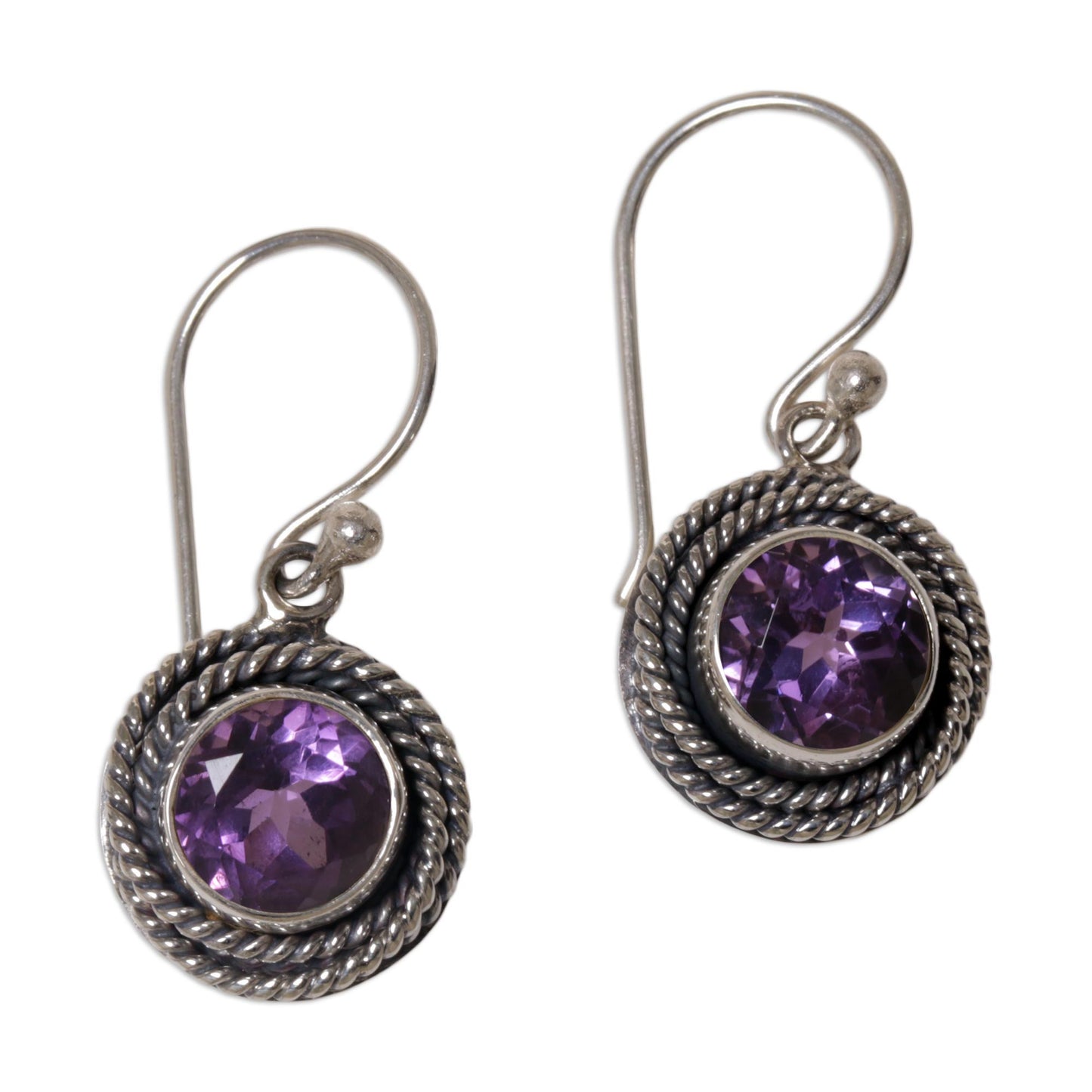 Nest of Chains in Purple Sterling Silver and Amethyst Round Dangle Earrings Indonesia