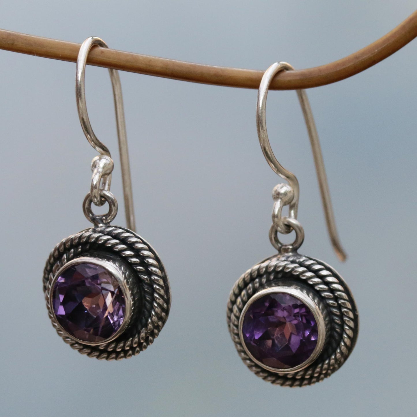 Nest of Chains in Purple Sterling Silver and Amethyst Round Dangle Earrings Indonesia