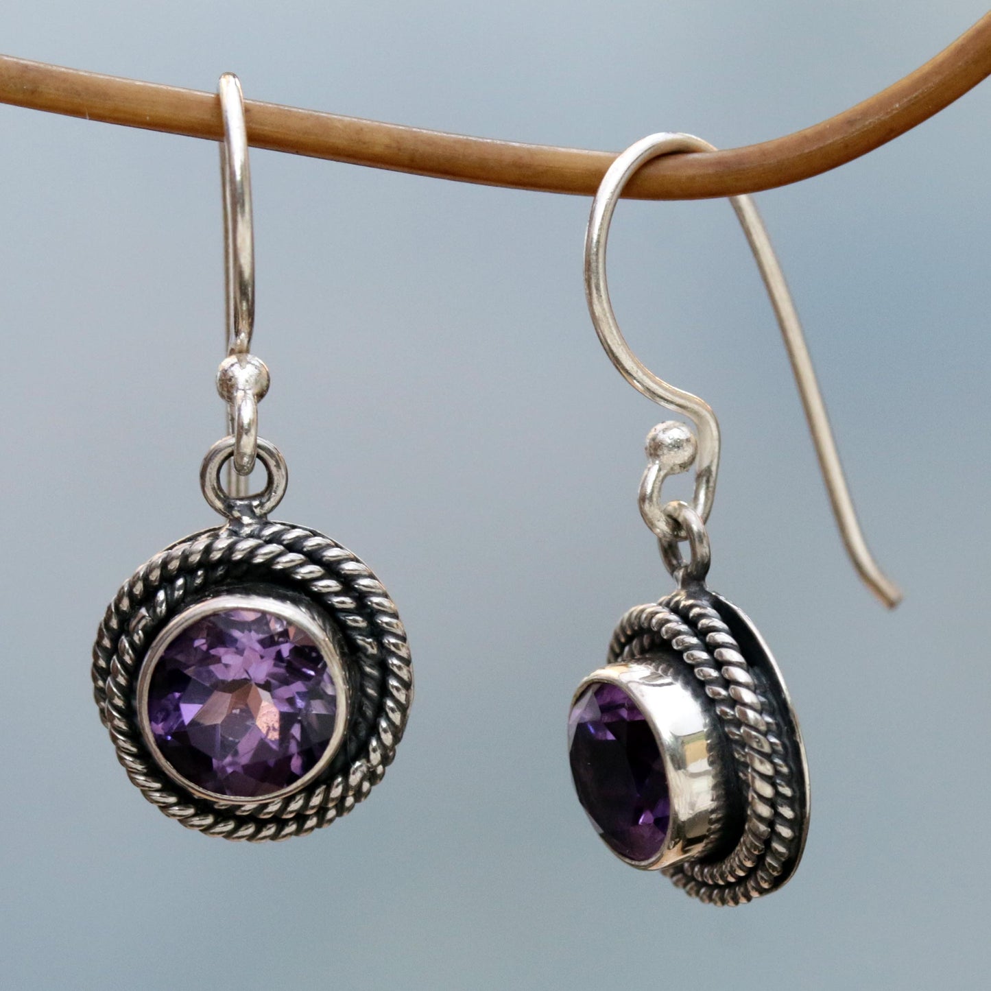 Nest of Chains in Purple Sterling Silver and Amethyst Round Dangle Earrings Indonesia