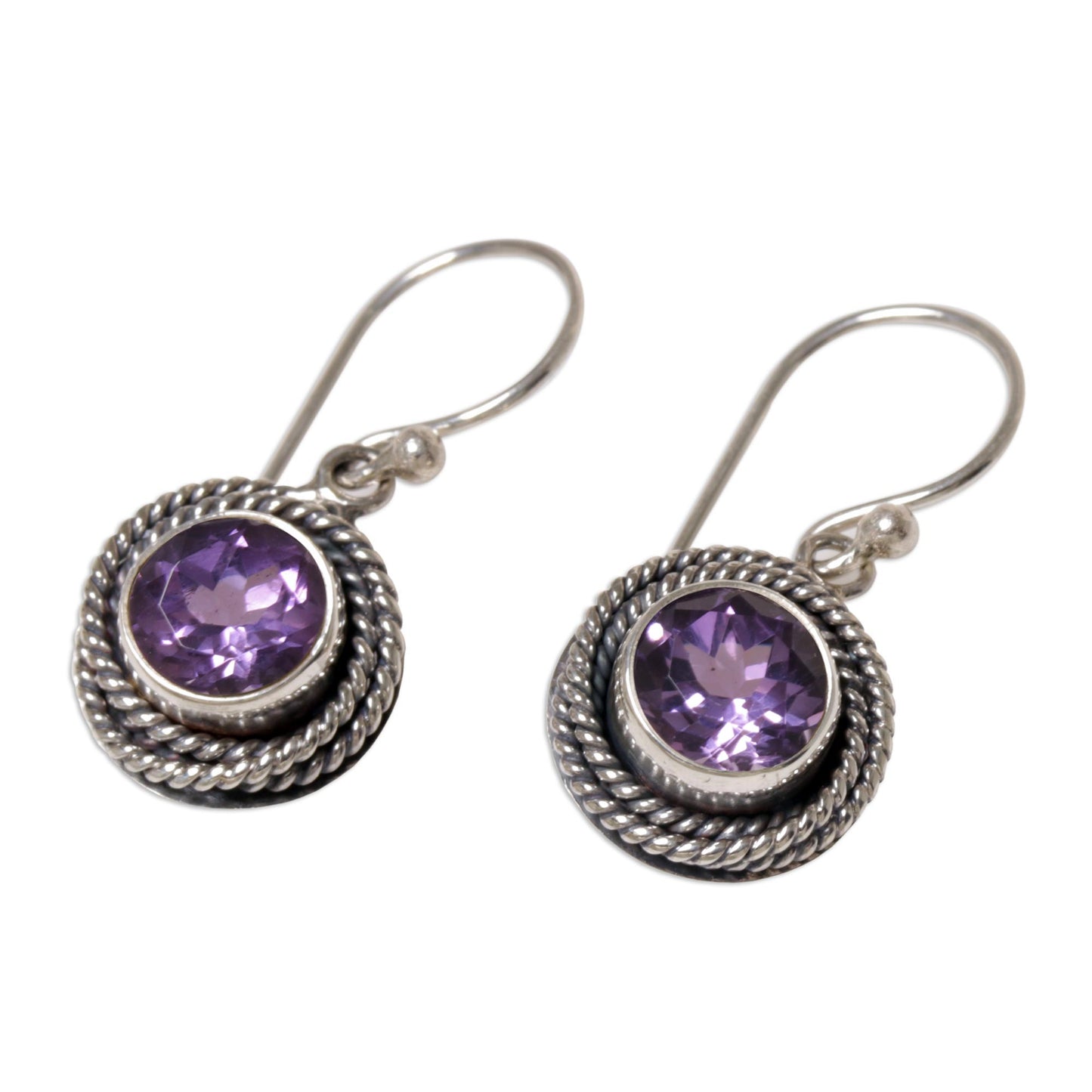 Nest of Chains in Purple Sterling Silver and Amethyst Round Dangle Earrings Indonesia