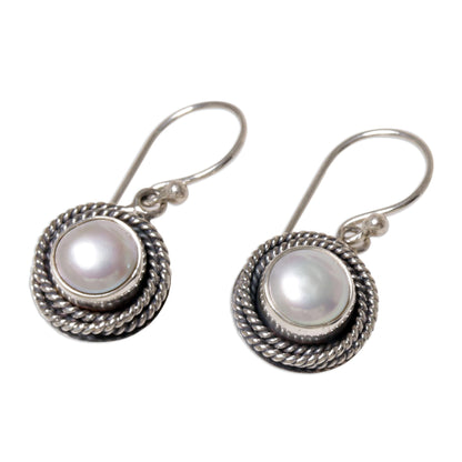 Nest of Chains in White Cultured Pearl Round Dangle Earrings from Indonesia